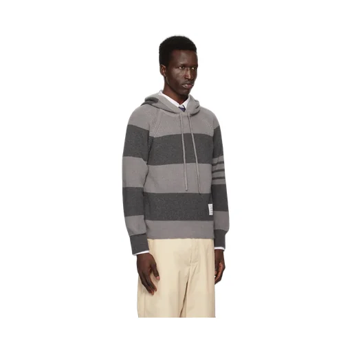 4-Bar Striped Knitted Drawstring Hoodie