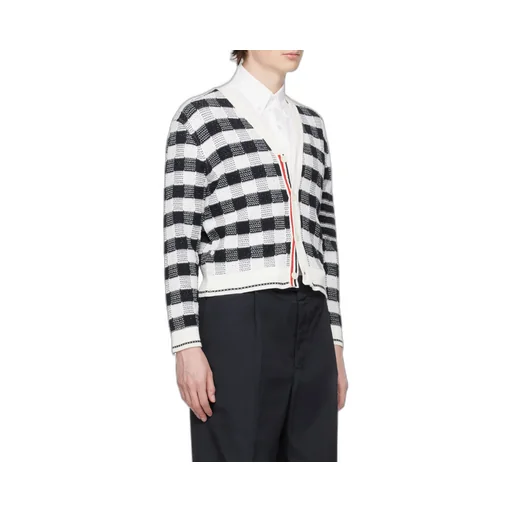 4-Bar Stripe Gingham-Check Cardigan