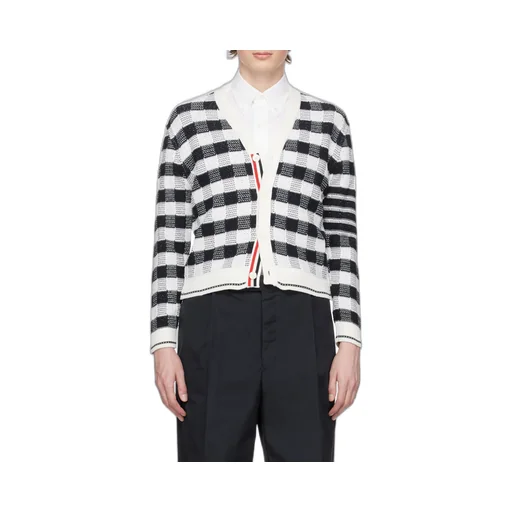 4-Bar Stripe Gingham-Check Cardigan