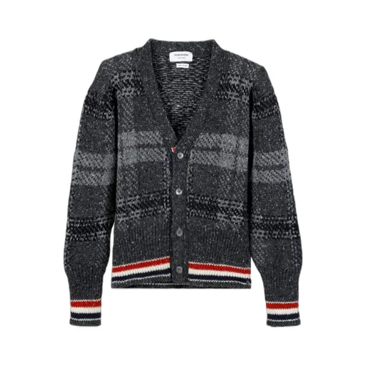 Checkered Button-Up Knit Cardigan