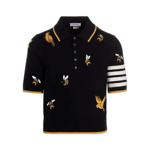 4-Bar Birds Bee Intarsia-Knitted Polo Shirt