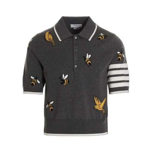 4-Bar Birds Bee Intarsia-Knitted Polo Shirt