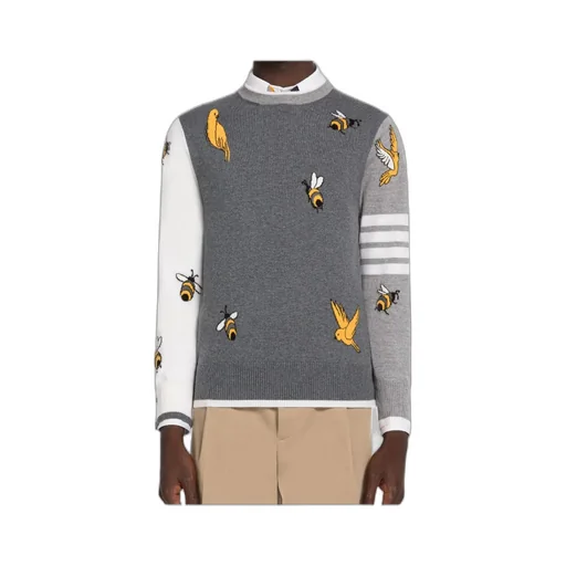 Bird And Bee Intarsia 4-Bar Stripe Sweater