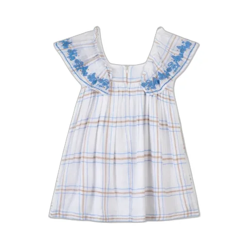 Floral-Embroidered Checked Flared Dress