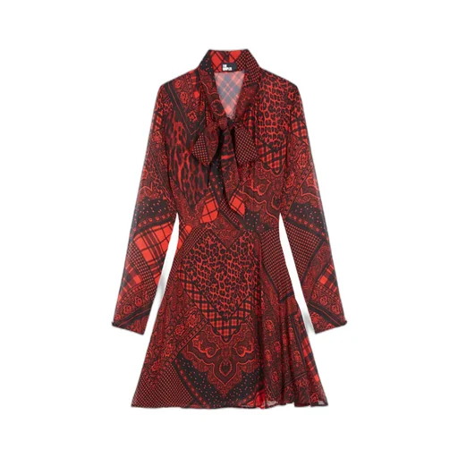 Patchwork Print Mini Dress With Bow