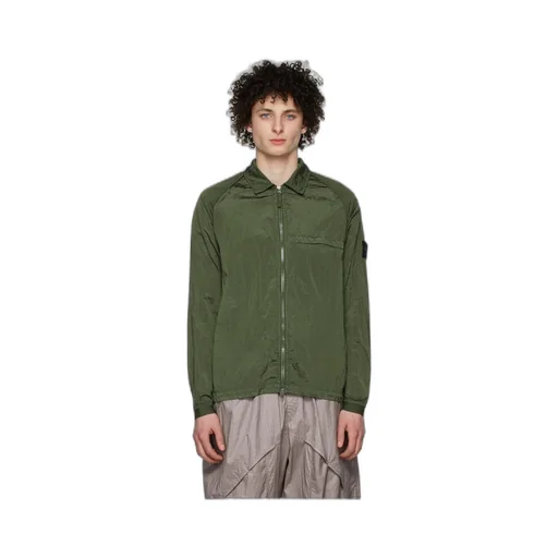 Compass-Patch Crinkled Zip-Up Overshirt
