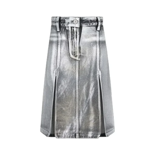 Side Slit Coated Denim Midi Skirt