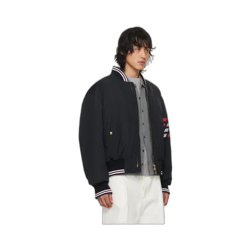 4-Bar Striped Zipped Puffer Bomber Jacket