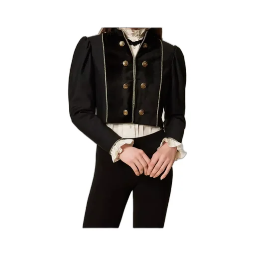 Velvet-Trimmed Puff-Sleeve Jacket