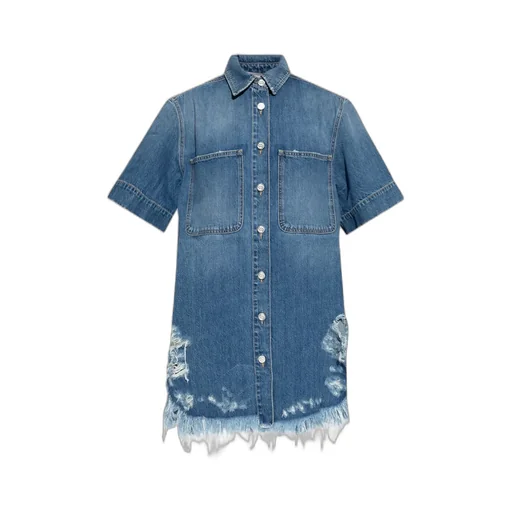 Ripped-Hem Buttoned Denim Shirt