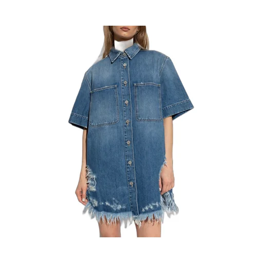 Ripped-Hem Buttoned Denim Shirt