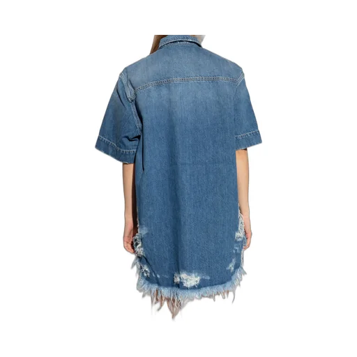 Ripped-Hem Buttoned Denim Shirt