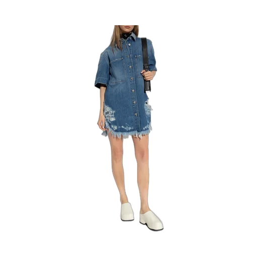 Ripped-Hem Buttoned Denim Shirt