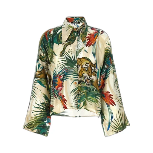 Jungle Printed Wide Sleeved Satin Shirt