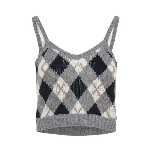 Check-Pattern Knitted Tank Top