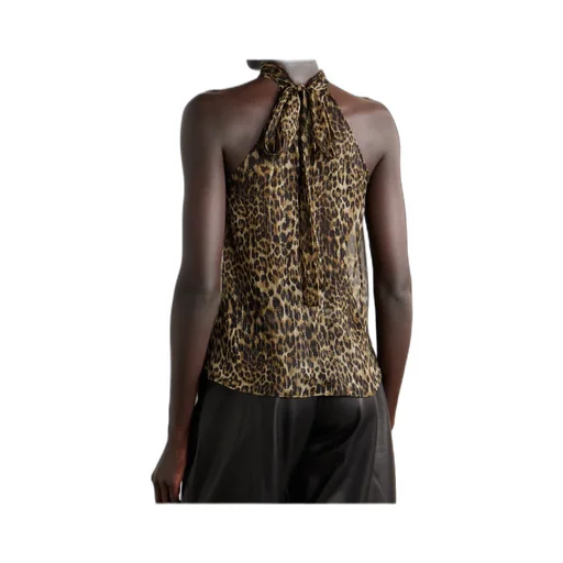 Alla Tie-Neck Leopard-Print Metallic Silk-Crepon Halterneck Top