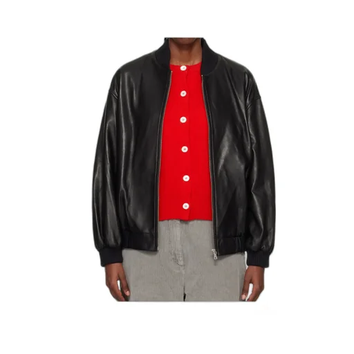 Long-Sleeved Bomber Leather Jacket