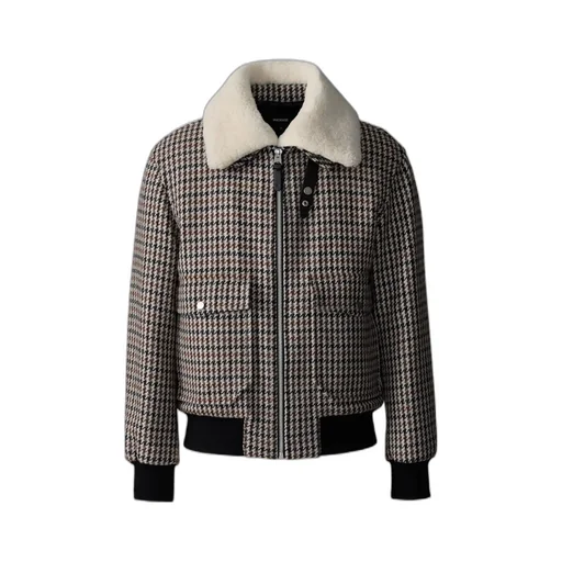 Houndstooth Pattern Shearling-Collar Jacket