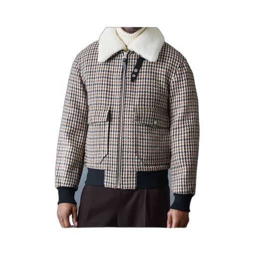 Houndstooth Pattern Shearling-Collar Jacket