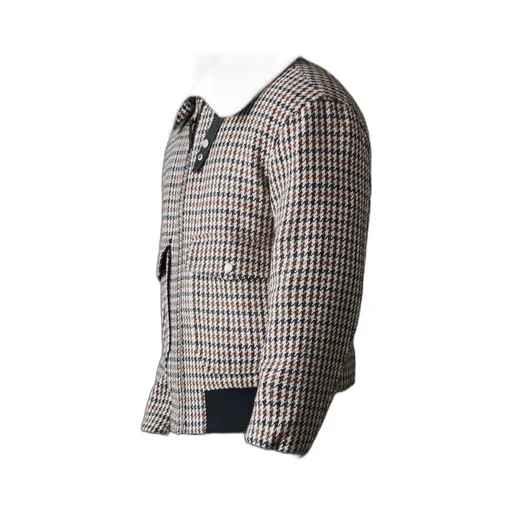 Houndstooth Pattern Shearling-Collar Jacket