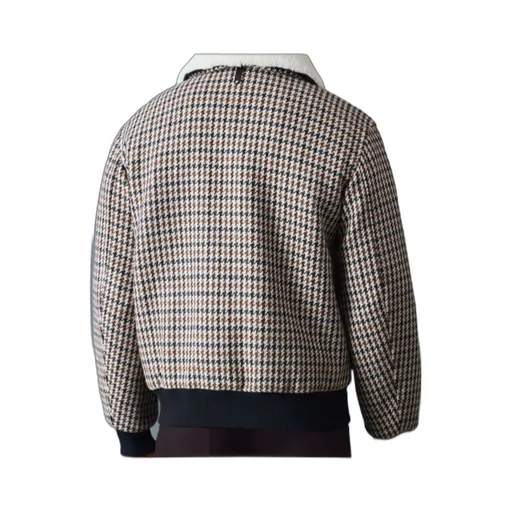 Houndstooth Pattern Shearling-Collar Jacket