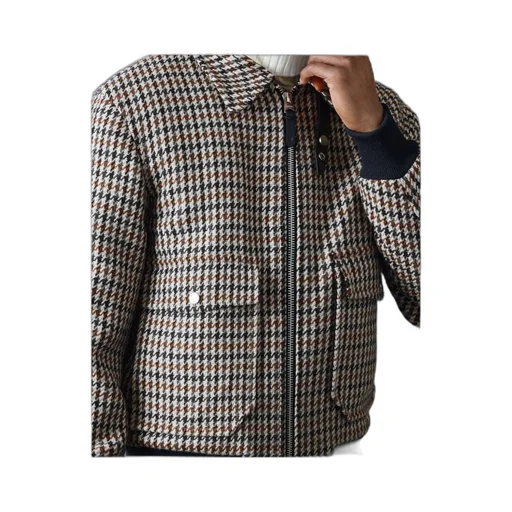 Houndstooth Pattern Shearling-Collar Jacket