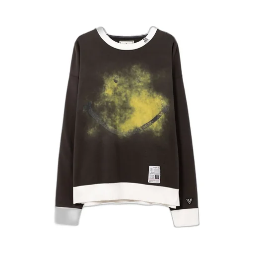 Smily Face Printed Distressed Ringer Sweatshirt