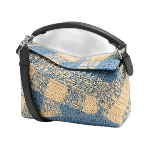 Small Puzzle Edge Bag In Raffia And Calfskin