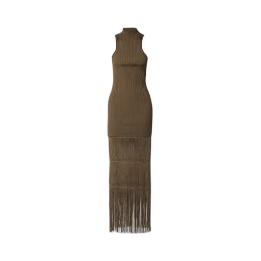 Zare Fringed Ribbed-Knit Maxi Dress