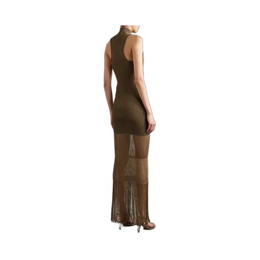 Zare Fringed Ribbed-Knit Maxi Dress