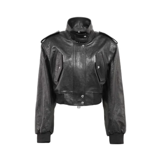 High-Neck Leather Bomber Jacket