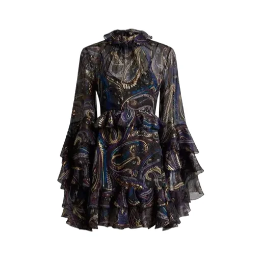 Paisley Foliage Motif Ruffled Mini Dress