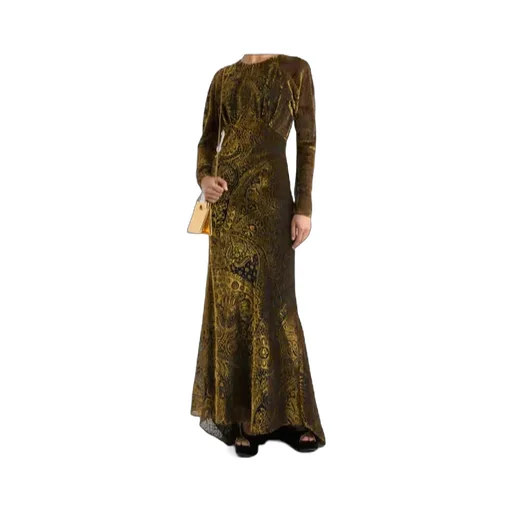 Floral Paisley Motif Long Burnout Velvet Dress