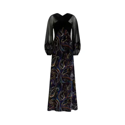 Paisley Foliage Motif Velvet Long Dress