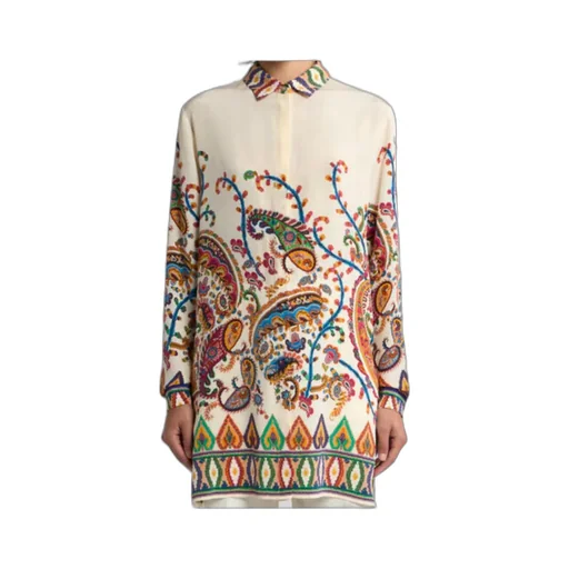 Long Silk Shirt With Placed Floral Paisley Print