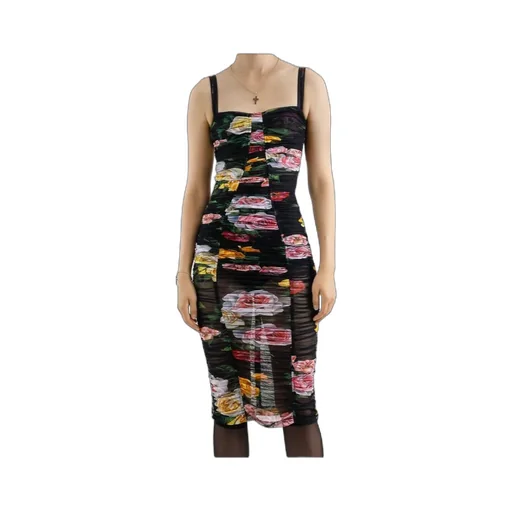 Floral Printed Tulle Calf-Length Slip Dress