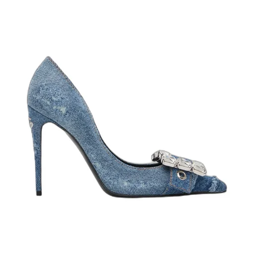 Crystal-Embellished Pointed-Toe Denim Pumps