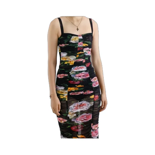 Floral Printed Tulle Calf-Length Slip Dress