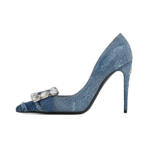 Crystal-Embellished Pointed-Toe Denim Pumps