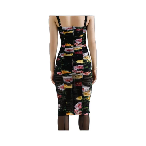 Floral Printed Tulle Calf-Length Slip Dress