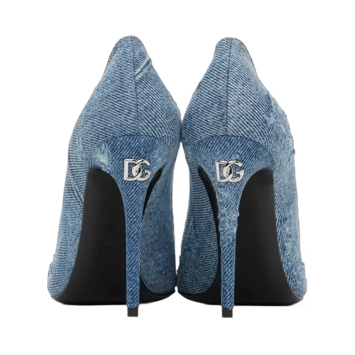 Crystal-Embellished Pointed-Toe Denim Pumps