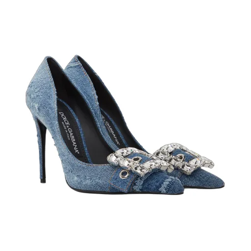 Crystal-Embellished Pointed-Toe Denim Pumps