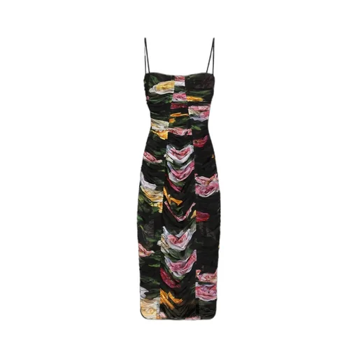 Floral Printed Tulle Calf-Length Slip Dress