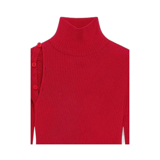 Button-Embellished Ribbed Turtleneck Sweater