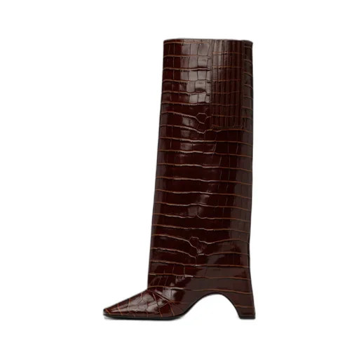 Crocodile-Effect Square-Toe Knee-High Boots