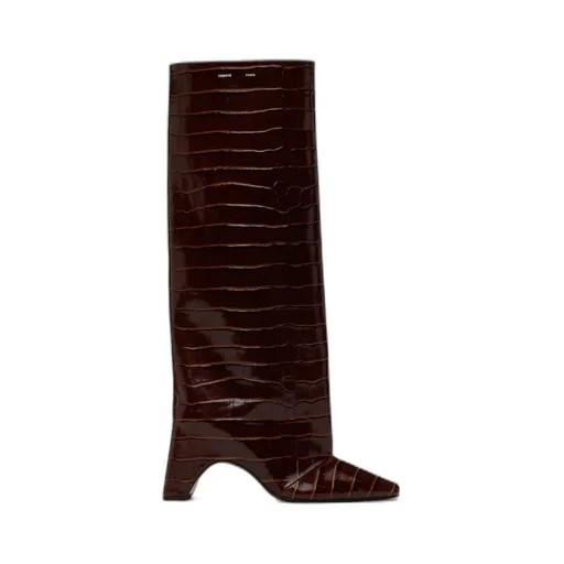 Crocodile-Effect Square-Toe Knee-High Boots