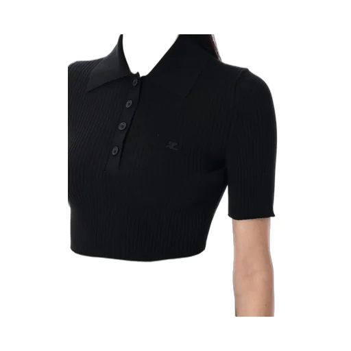 Logo Patch Ribbed-Knit Cropped Polo Top