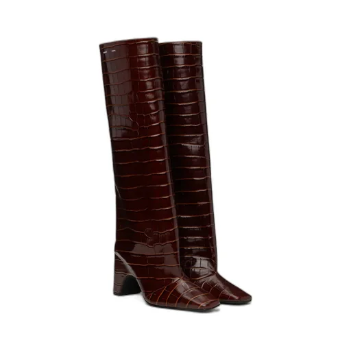 Crocodile-Effect Square-Toe Knee-High Boots