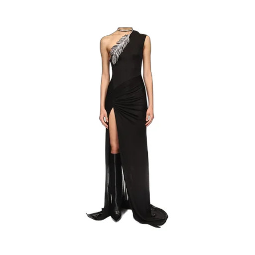 Crystal-Feather One Shoulder Gown