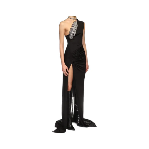 Crystal-Feather One Shoulder Gown